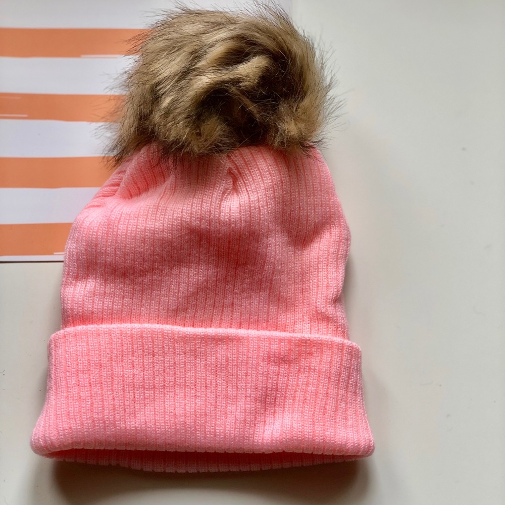Neon pink Pom Pom beanie winter hat
